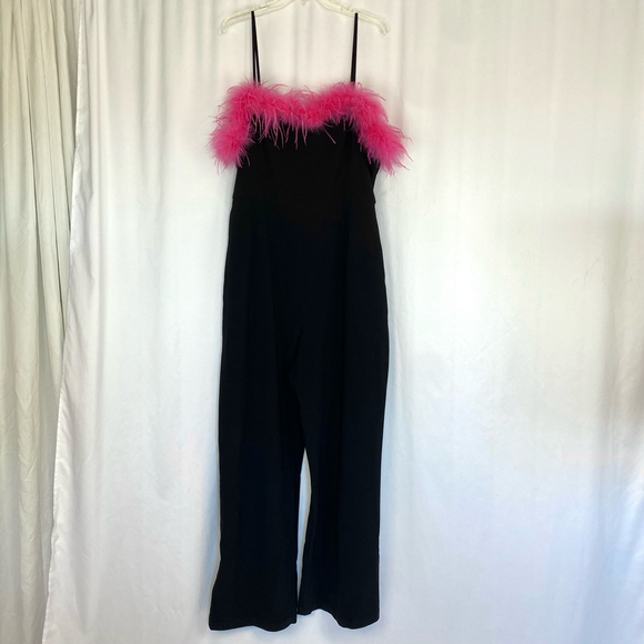 Nasty Gal Black Jumpsuit Hot Pink Feather Trim - Picture 16 of 16